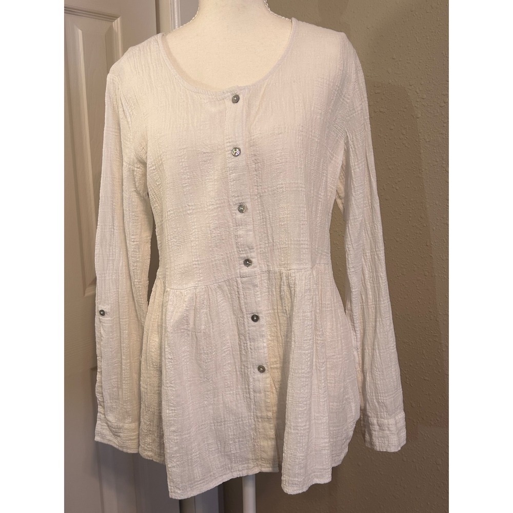 Lagenlook Quiet Luxury Sigrid Olsen White Linen Cotton Button Down Tunic Sm